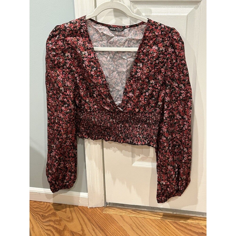 Women's SHEIN Floral Print Puff Sleeve Crop Top Size L